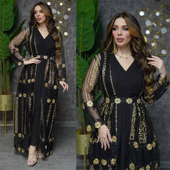 New Summer Middle East Embroidered Mesh Coat and Chiffon Sundress Dress Suit Arab Ladies Kaftan Dress Two-piece Set