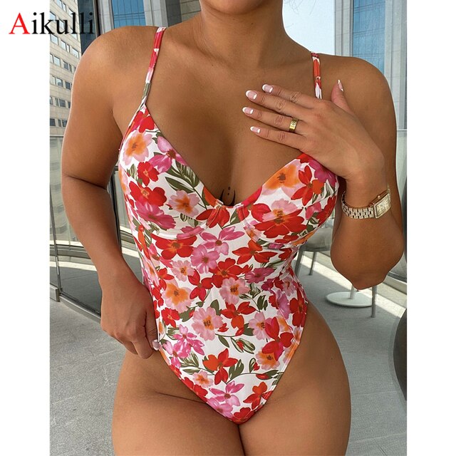 Sexy Printed One Piece Swimsuits Women Underwire Bikinis Bathing Suits 2022 New V Neck Swimming Beachwear Female Bather Swimwear