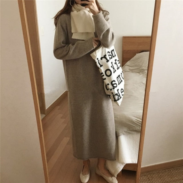 Knitted Dresses Fall Warm Sweater Women Dress Winter Long Sweaters Long Loose Maxi Oversize Lady Dresses Bodycon Robe Vestidos