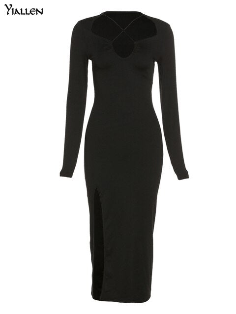 Autumn Crossed Cleavage Maxi Dress Women Concise Side Spilt Elegant  Lady High Street Bodycon Slim Robe Skirt