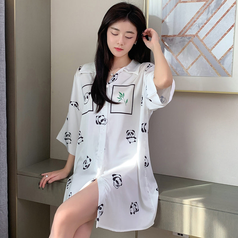 Cute  National Treasure  Pajamas Shirt Collar Nightdress Simple Huaer Cotton Home Service