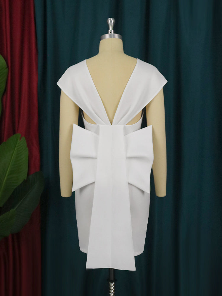 Chic Women White Dress Backless Deep V Neck Knee Legnth Bodycon Dress with Bow At Back Elegant Party Birthday Date Night Outfits