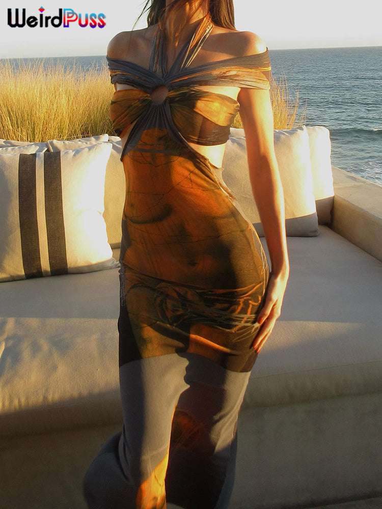 Weird Puss Colorful Print Women Maxi Dress Halter Hollow Sleeveless Slash Neck Elegant Summer Vacation Party Bodycon Vestidos