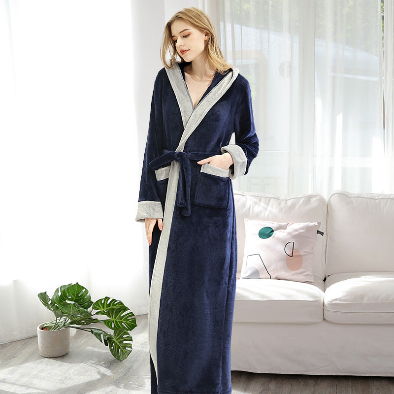 Sexy contrast color hooded bathrobe autumn and winter flannel coral fleece men's nightgown thickened and lengthened couple bathrobes women