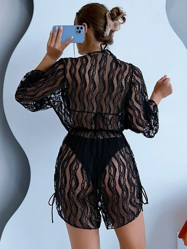 Mesh three-piece swimsuit solid color drawstring corset sunscreen beach vacation swimsuit female bikini