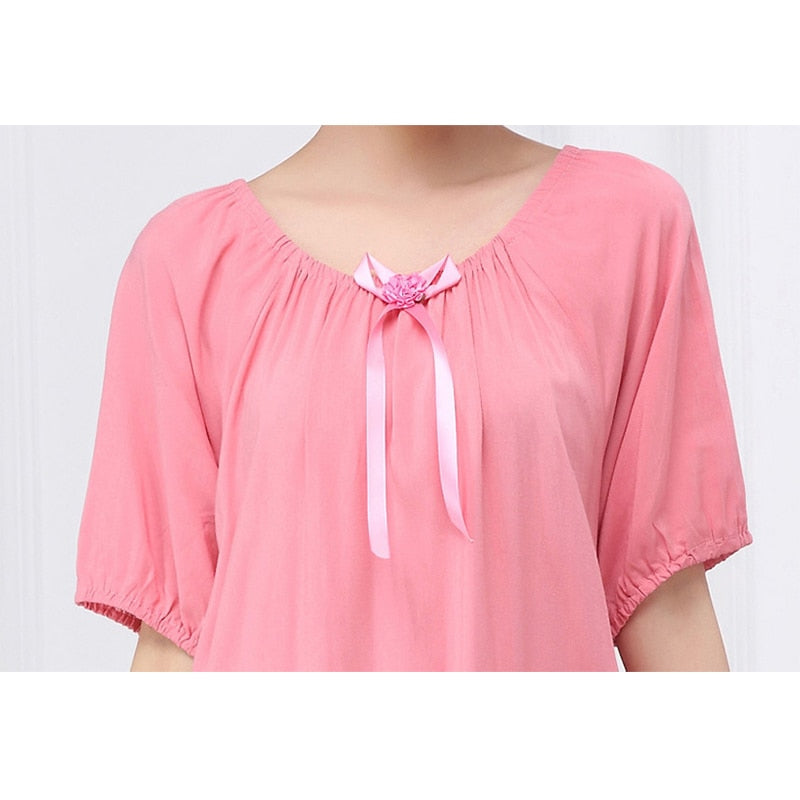 Summer Cotton Nightdress Women Korea Style Elastic Collar Short Sleeve  Long Dresses Nightgown Sleepwear Homewear Female