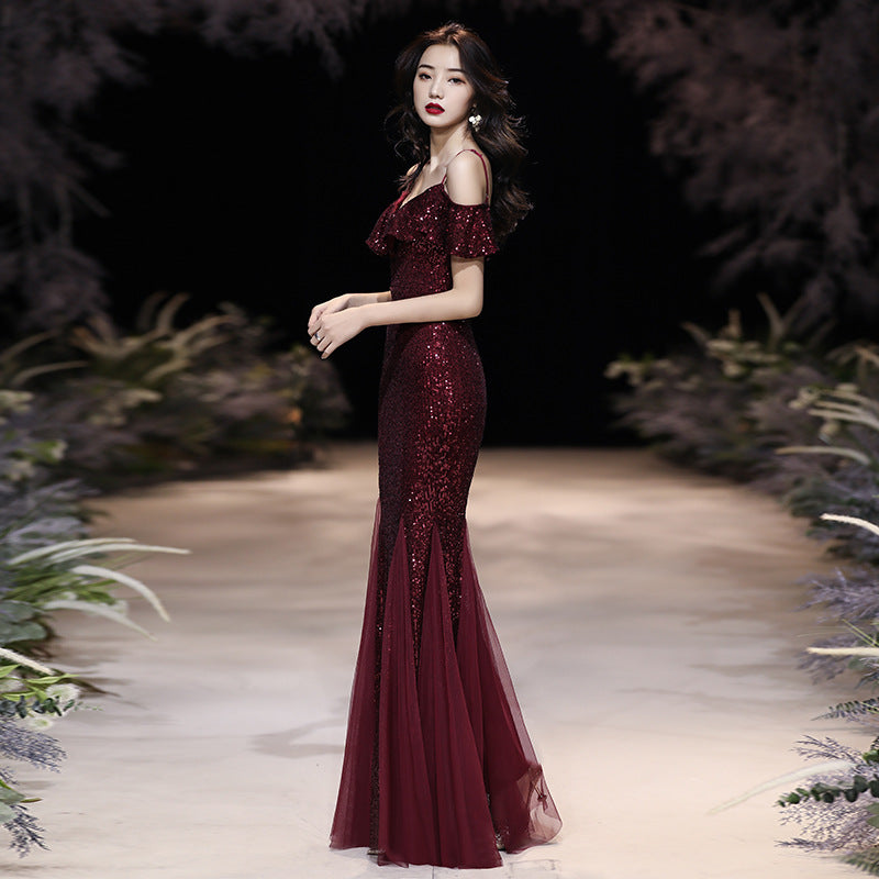 Best-selling new toast clothing red 2022 autumn and winter wedding bride mermaid elegant temperament self-cultivation host evening dress female