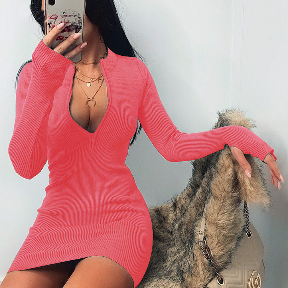 Women Winter Fall Bodycon Ribbed Dress New Stand Collar Zipper Deep V-neck Solid Stretch Bodycon Pencil Party Mini
