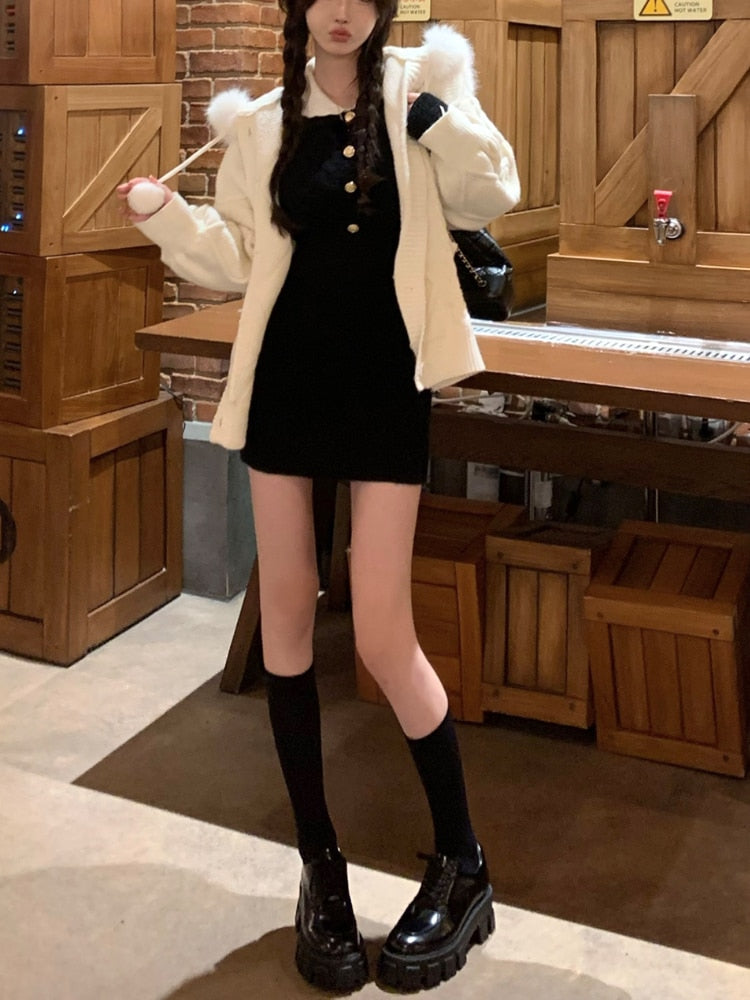 فستان منسوج أنيق للشتاء لعام 2022 ملابس نسائية كاواي فستان قصير ضيق Y2k فستان نسائي ضيق موضة كورية أنيقة 