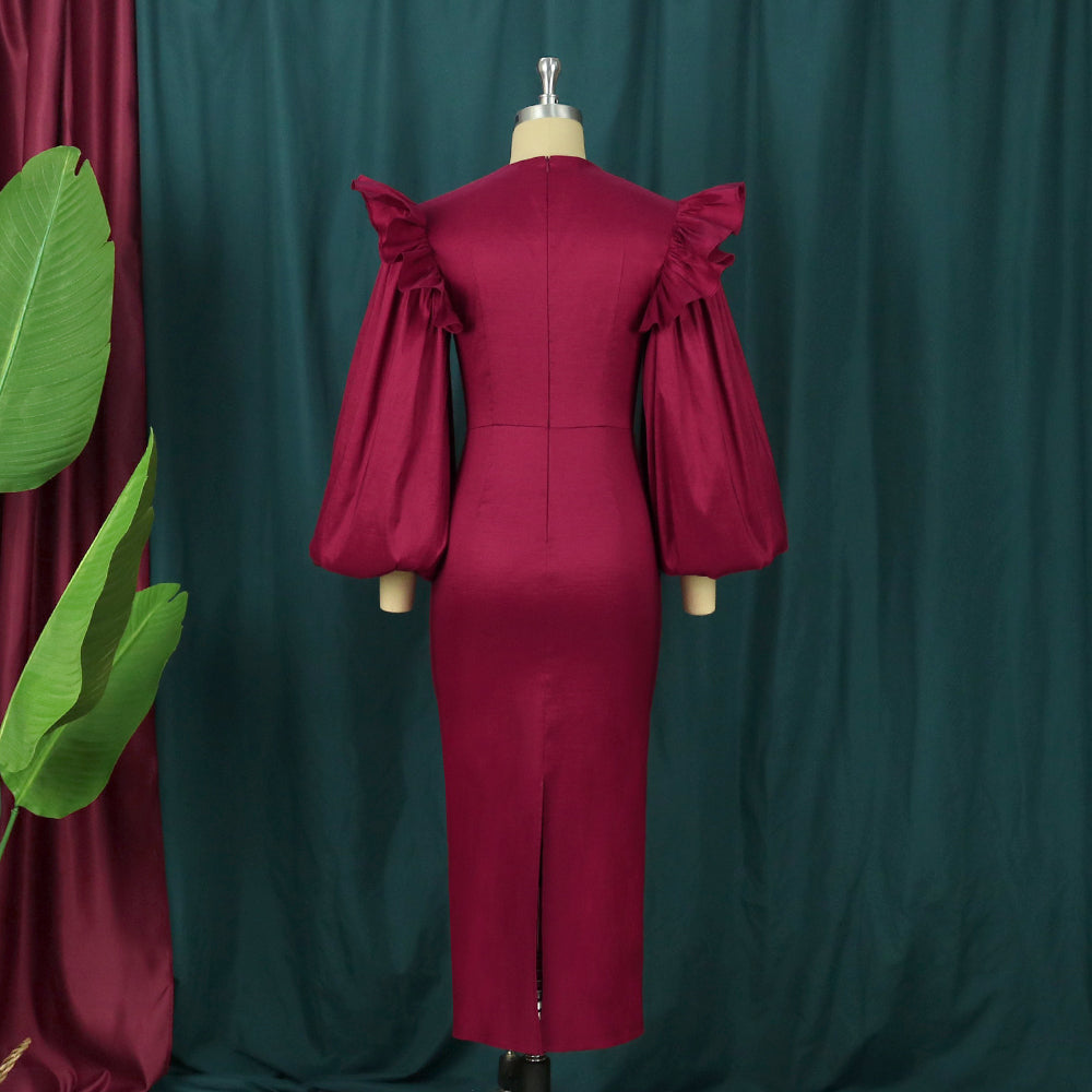 Women Bodycon Dress Long Lantern Sleeve Ruffles Patchwork O Neck Midi Birthday Wedding Party Outfits Large Size New Female Gowns