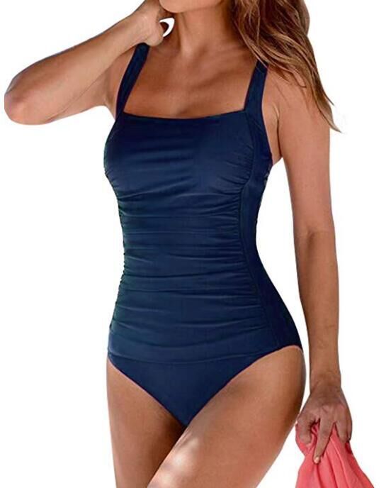 Explosive European and American sexy solid color pleated ladies one-piece swimsuit