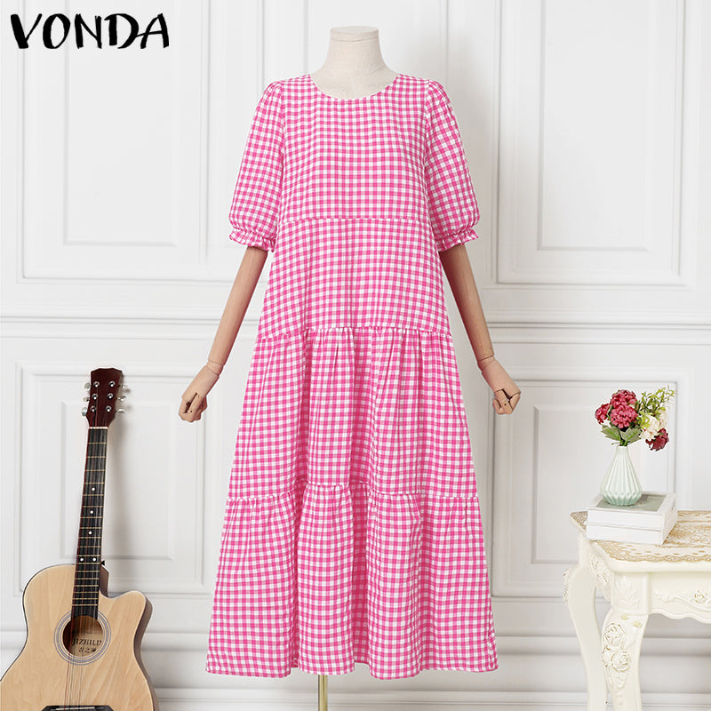 VONDA Elegant Dresses For Women 2022 Lattice Short Puff Sleeve O Neck Pleated A-Line Vestidos Bohemian Party Casual Summer Plus Size Long Dresses