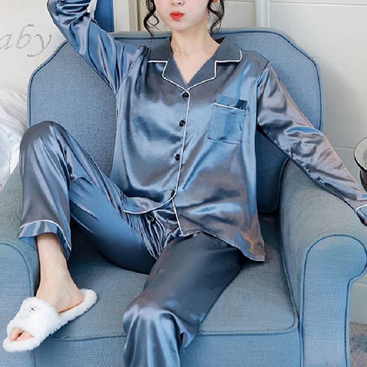 2PCS Pajamas Sets Women Lapel  Silk Long Sleeve Home Wear Ladies Mujer Satin Tops+Pants Nightgown Sleepwear Autumn