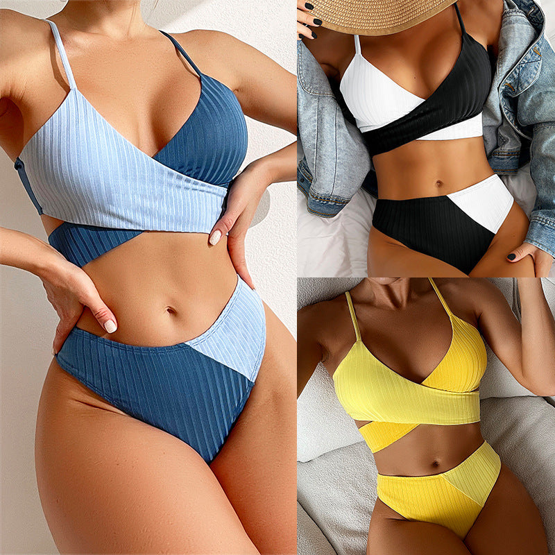 New European and American solid color matching thick pit strip cross straps high waist bikini sexy swimsuit swimsuit