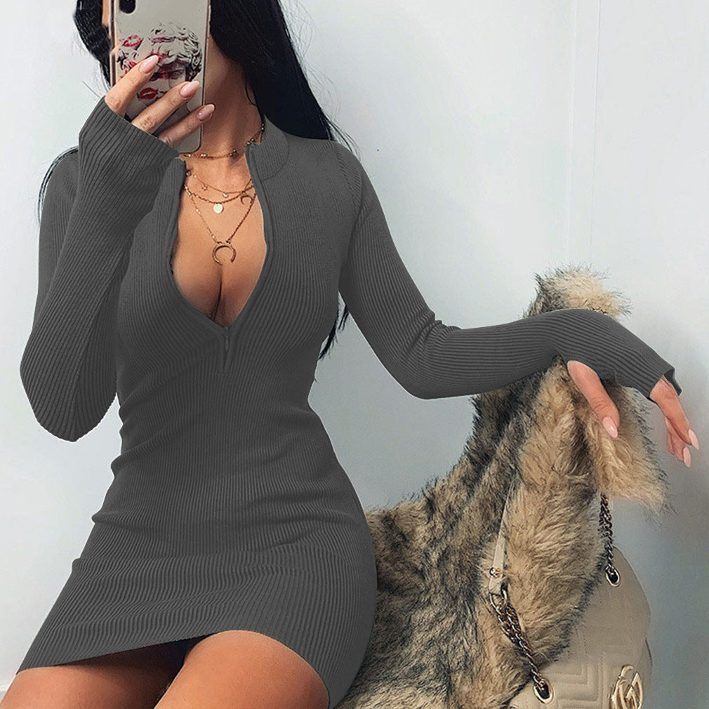 Women Winter Fall Bodycon Ribbed Dress New Stand Collar Zipper Deep V-neck Solid Stretch Bodycon Pencil Party Mini