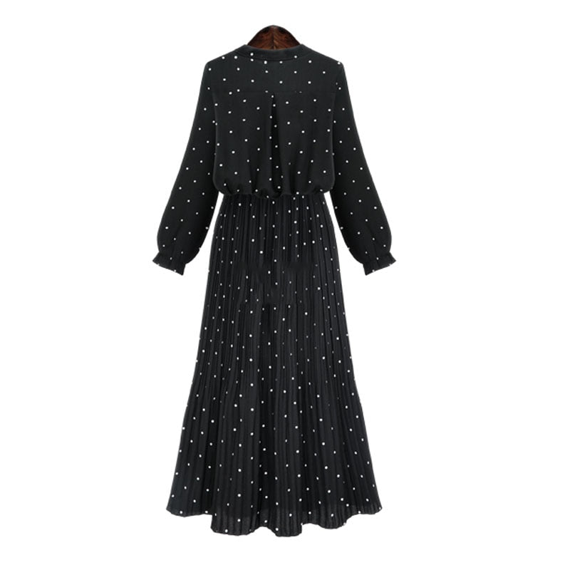 ربيع جديد فضفاض نمط النمط الأوروبي فستان منقط المرأة طباعة طويلة الأكمام السيدات فستان القوس البوهيمي الشيفون الشيفون فستان أسود المرأة رداء