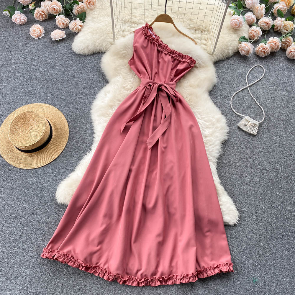 Light mature off shoulder sleeveless dress lace up waist slim long dress banquet dress