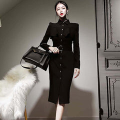 Fashion Women Vintage Single Breasted Ruffle Midi Party Dress Elegant Temperament Belt Black Skinny Bodycon Female Pencil Dress