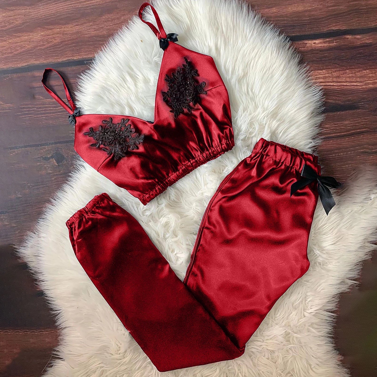 Lace Flower Pajamas Sets Women V-Neck Eyelash Lace Sexy Stain Camisole Pajamas Bowknot Pants Set Femme Sleepwear