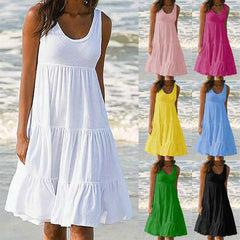 Womenl O Neck Sleeveless Ruffles Mini Dress Boho Solid Beach Sundress Oversized Loose Dress 2023 Summer