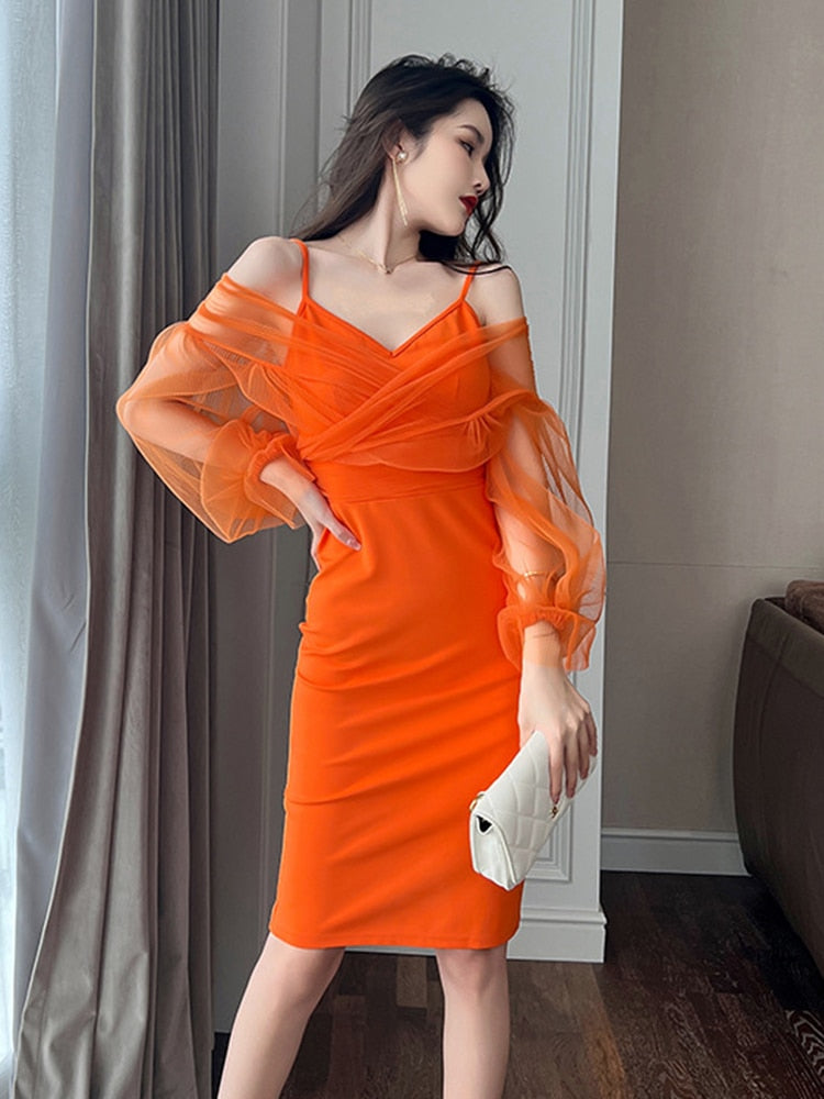 Chic Mesh Elegant Women Evening Dress Perspective Strap V-Neck Puff Sleeve Bodycon Slit Midi Robe Femme Vestidos Sexy Mujer Gown