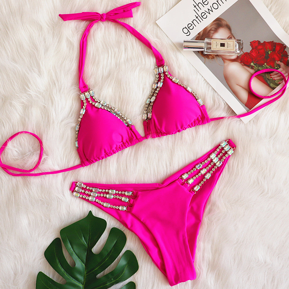 New European and American hot style solid color Bikini metal diamond chain strap swimsuit ladies split swimsuit