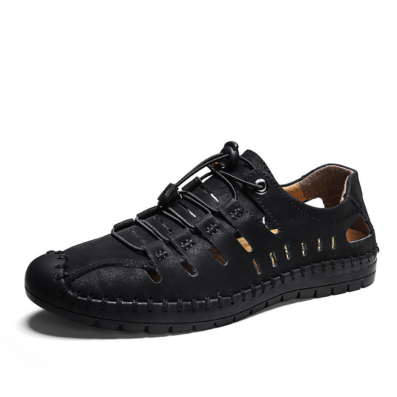 Dad shoes sandals leather shoes men's leather shoes black waterproof shoes summer hollow leather shoes men's casual outdoor hiking sandals