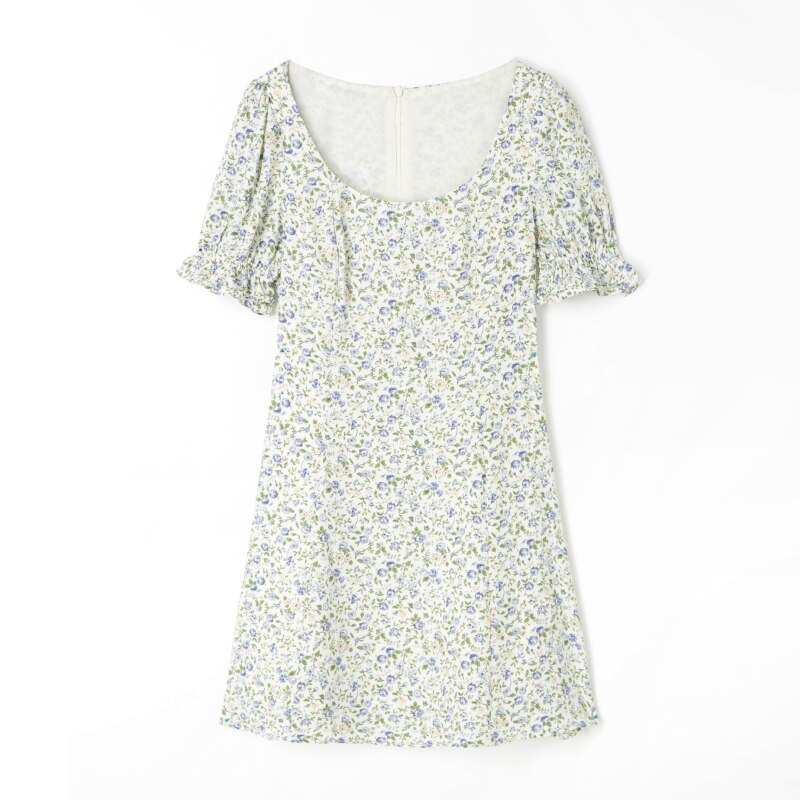 فستان صيفي قصير أنيق على شكل حرف A للنساء فستان شاطئ بأكمام قصيرة ومكشكش مطبوع عليه زهور فستان صيفي بوهو برقبة دائرية مع حزام 