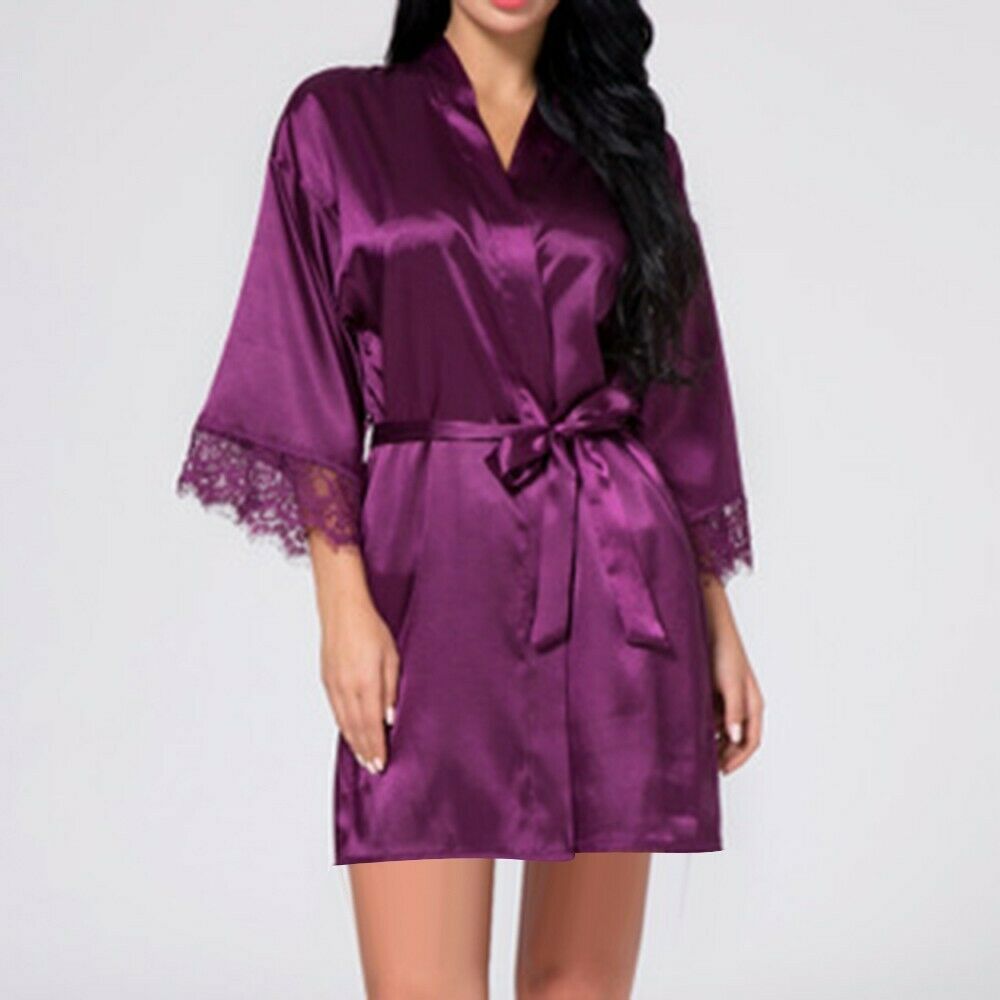 Ladies Fashion Simulation Silk Lace Patchwork Bathrobe
