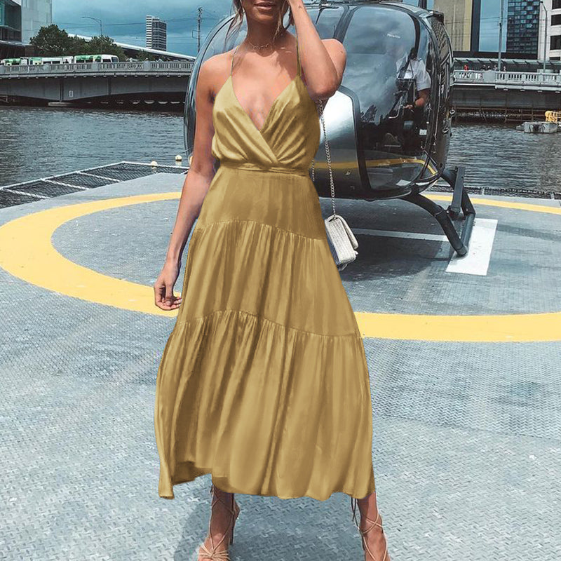 Celmia Ms. European and American style pure color temperament vacation style V-neck sexy fashion trend elegant loose leisure and elegant suspender dress