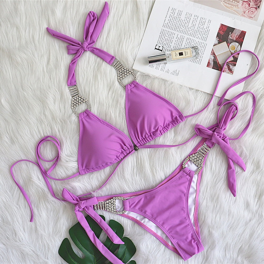 New Nylon Solid Color Strap Sexy Backless Bikini Women's Swimwear