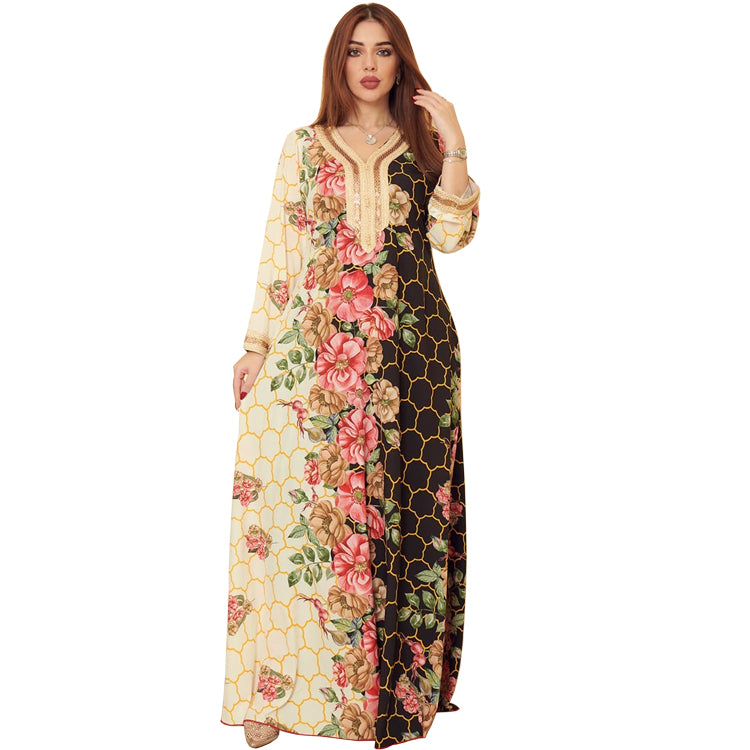 New Arab Traditional Women's Jalabiya Printed Robe with Diamonds Kaftan Middle East Women's Dubai Kuwait