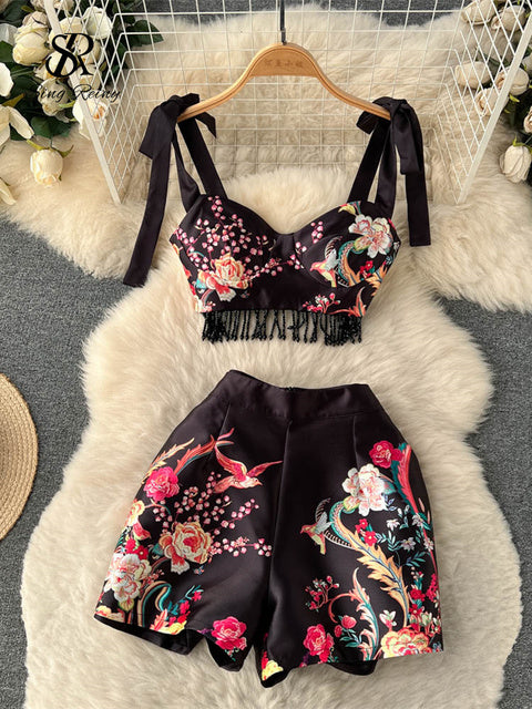 Spring and summer new women's retro court style printing suit women's strappy fringed suspender top +  waist wide-leg shorts two-piece set 7.29