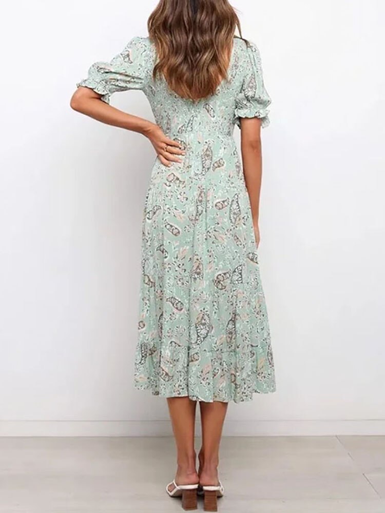  Women Boho Style Floral Printed Midi Dress Casual O Neck Butterfly Short Sleeve Dress Lady Fashion Elegant A Line Dress