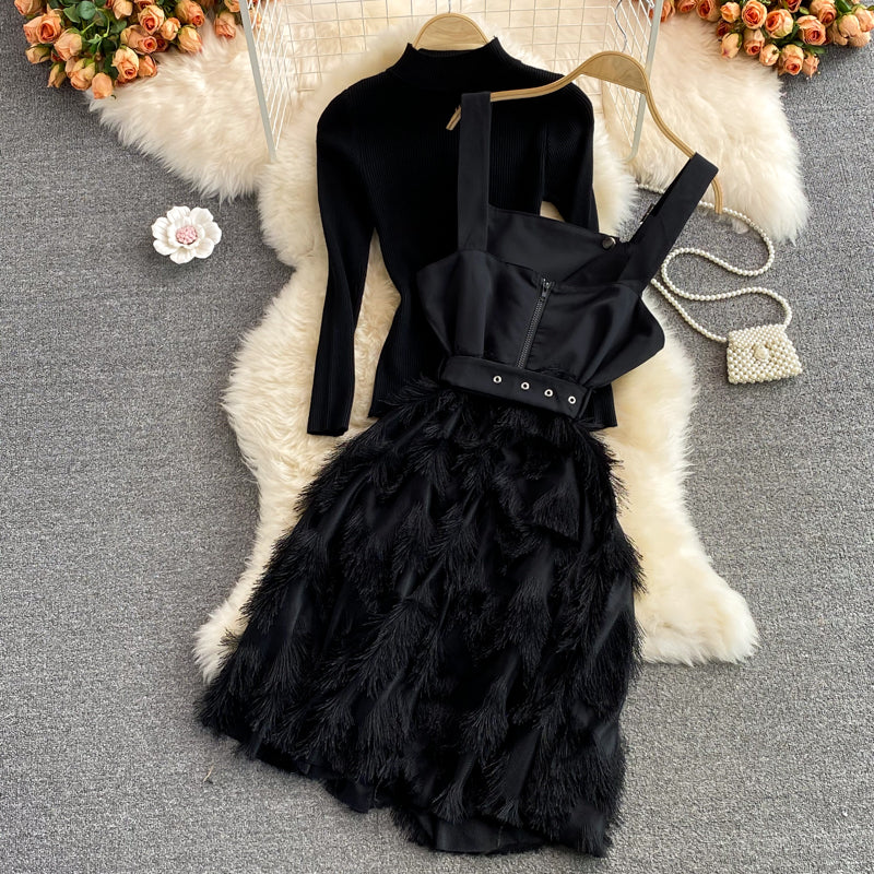 Autumn black stand-up collar tight  bottoming shirt two-piece suit  waisted splicing  fringe suspender dress