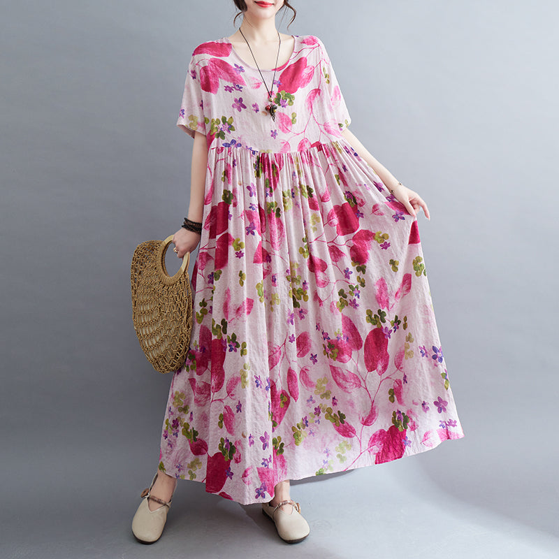 Women's new skirt Mori girl pastoral style summer new literary and artistic large size women's clothing fat MM plus fat plus printing short-sleeved li