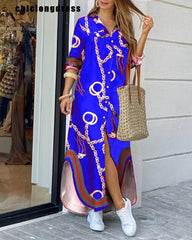 Women's Fashion Shirt Style Button Dress Ladies Casual Long Street Dress Plus Size  Home Commuting Printed Dress