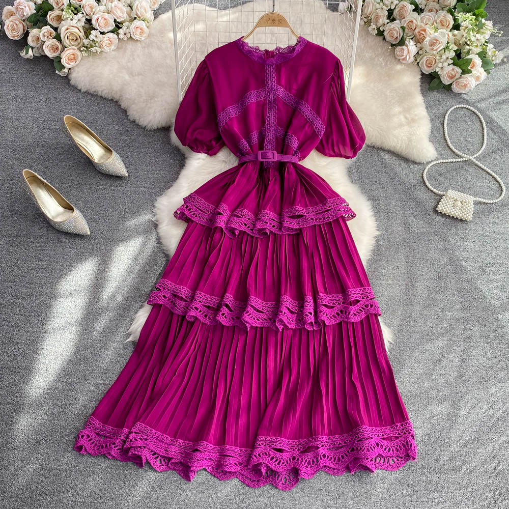 Retro ladies elegant solid color lace high waist cake dress long skirt