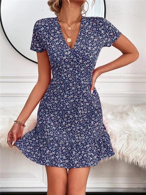Summer Sexy Short Dress Women V Neck Slim Floral Print Mini Sundress Ladies Casual Boho Beach A-line Dress Vintage