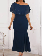 Women Long Dress Off Shoulder Bead Bodycon Ruffles Navy Blue Slit Plus Size 4XL 5XL Evening Birthday Party Occasion Event Summer