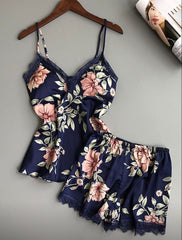 Summer sexy silk plant flower print ladies pajamas  -end