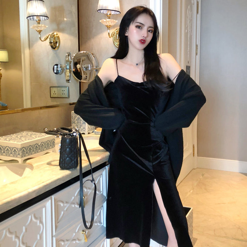 Vintage Dresses For Women Spaghetti Tape Seamed Velvet Black Dress Sexy Bodycon Bandage Dress Midi Party Dress Summer 2023