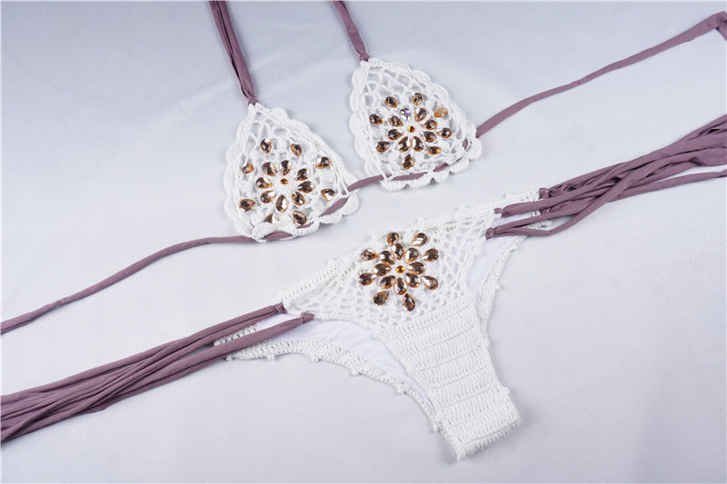 Hot new style swimsuit ladies European and American sexy hollow bikini straps lace hand knitted split swimsuit