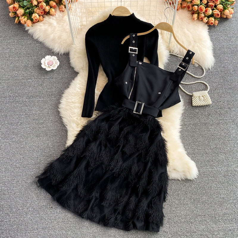 Autumn black stand-up collar tight  bottoming shirt two-piece suit  waisted splicing  fringe suspender dress