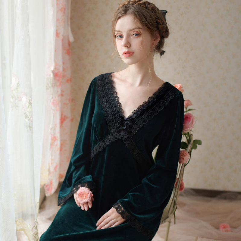 New Women gold velvet pajamas Homewear Romantic Nightgown Winter Retro Court Style Long Night Dress Victorian Vintage  Sleepwear Robe