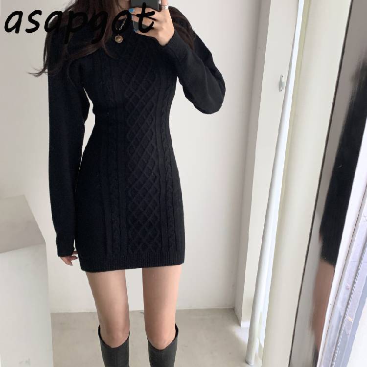 Korean Ins Autumn Winter Temperament Round Neck Sweater Dress Bodycon Open Back Slim Wrap Hip Knitted Dress Women Chic Thick
