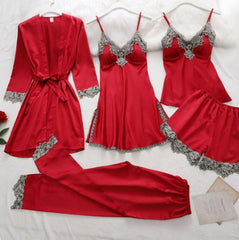 بيجامة أوروبية وأمريكية من الحرير المقلد ملابس داخلية مثيرة مكونة من خمس قطع 