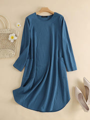 ZANZEA Women Elegant Dresses Solid O-Neck Long Sleeve Vintage Knee Length Dress Fashion Holiday Casual Loose Ladies Vestido Plus Size