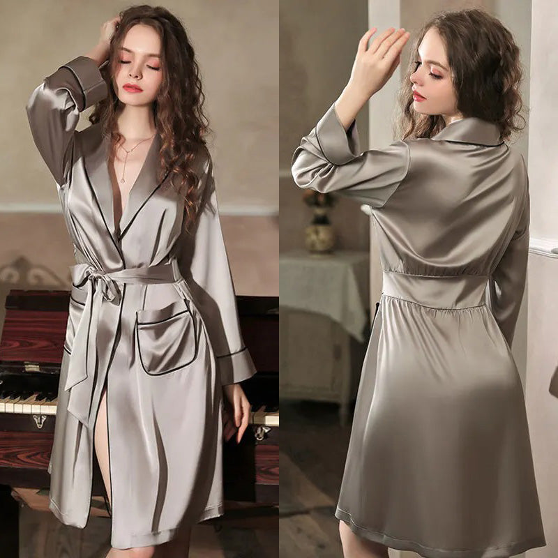 Satin Robe Women Bridal Wedding Bathrobe Gift  Pajamas Sexy Kimono Dress Long Lapel Bodywear with Pockets