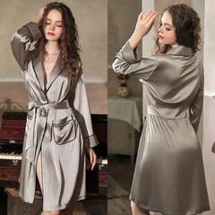 Satin Robe Women Bridal Wedding Bathrobe Gift  Pajamas Sexy Kimono Dress Long Lapel Bodywear with Pockets
